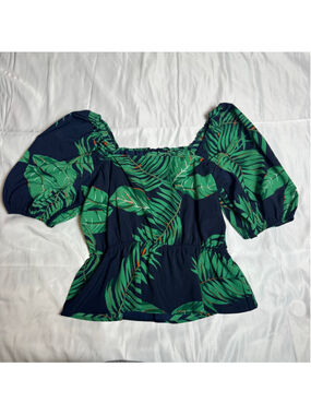 Women's Self Tropical Leaf Print Peplum Blouse, Size L, Navy and Green